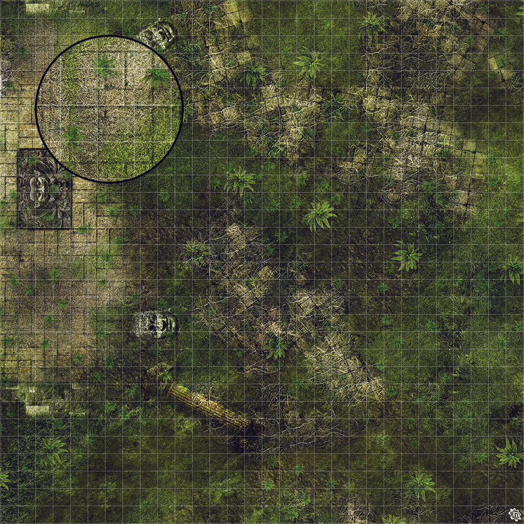 Dungeons and Dragons map grid depicting a jungle with a ruined tower on Dungeons and Dragons map grid depicting a jungle with a ruined tower on